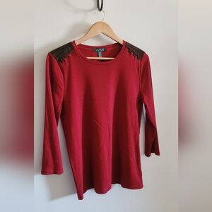 Ralph Lauren Fine Ribbed Cotton Top with Suede Shoulders, Women's XL, Brick Red